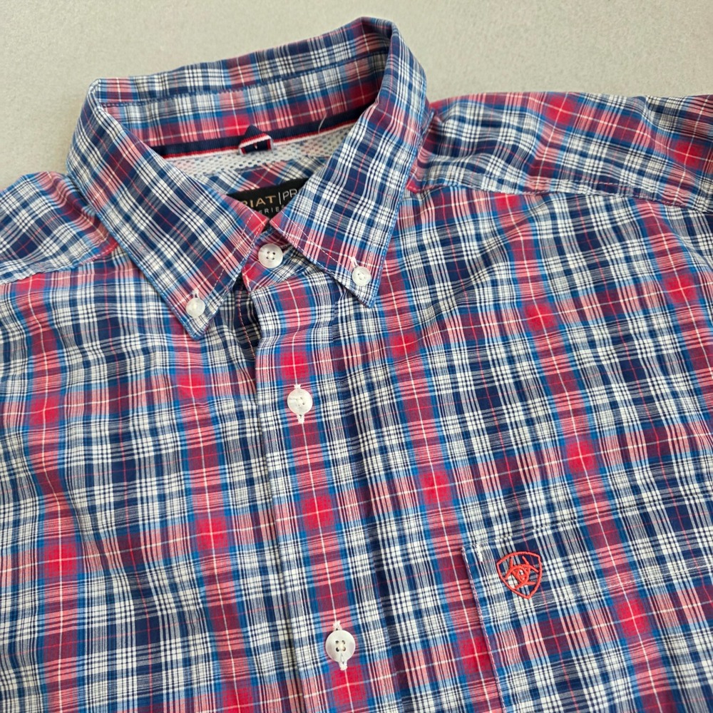 Ariat Pro Series Mens Large Plaid Button Down Shirt Red White Blue Long Sleeve